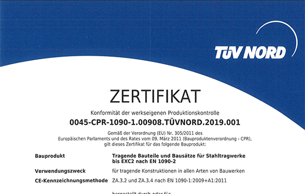 Zertifikat zur werkseigenen Produktionstechnik